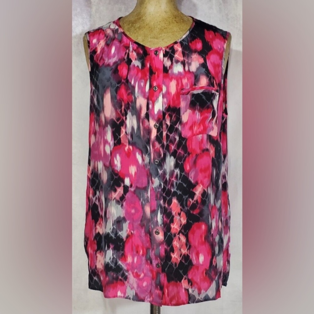 T TAHARI Pink Black Floral Print Silk Sleeveless Top Sz Large Button up Blouse